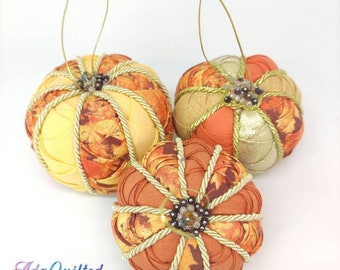 Pumpkin ornaments, quilted pumpkin ornament, fall decor, hostess gift idea, folded fabric ornament, fall bowl fillers, housewarming gift