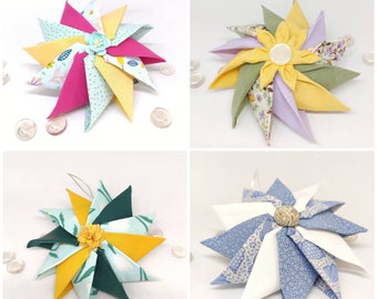 Spring or Summer ornaments, floral pinwheel ornaments, housewarming gift, folded fabric ornaments, coastal decor, teacher appreciation gift