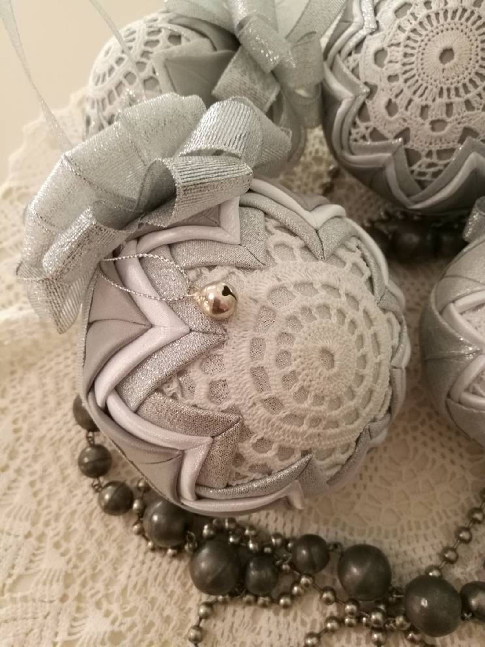 Quilted Christmas Bauble Crochet Lace Ornament Folded Fabric Etsy