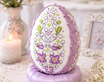 Korsstygn blommig påskäggsdekoration, Shabby Chic-tyg, pärldetaljer