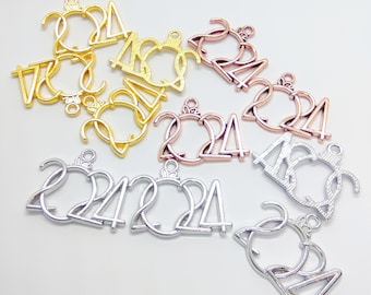 Unique Year 2024 charms in sets of ten in gold, silver, rose gold year charms, set of ten silver, rose gold, gold year embellishment