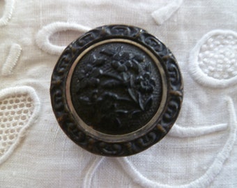 Antique button Bouton ancien metal noir fleurs 23 mm