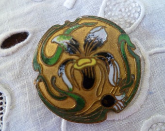 Antique enamel button flower bouton ancien emaillé 26 mm fleur iris