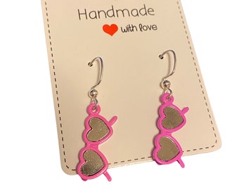 Pink Heart Sunglasses Dangle Earrings, Fish Hook Earrings, Valentines Day Earrings, Sunny Day Earrings