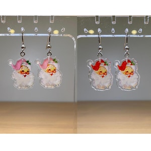 Vintage Pink/Red Santa Earrings, Cute Kawaii Vintage Earrings, Silver Acrylic Earrings, Cute Christmas Gift, Vintage Santa Dangle Earrings