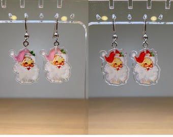 Vintage Pink/Red Santa Earrings, Cute Kawaii Vintage Earrings, Silver Acrylic Earrings, Cute Christmas Gift, Vintage Santa Dangle Earrings