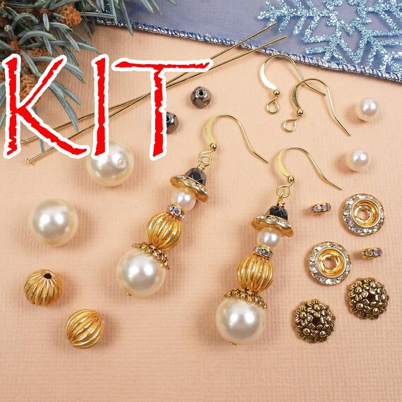 KIT Snowman Earrings, Gold Tone Metals, White Beads, Crystal