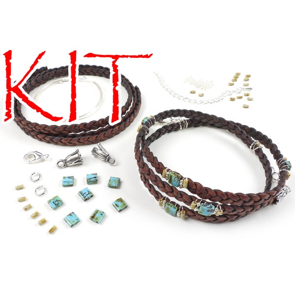 KIT embellished flat braided leather triple wrap bracelet, brown and turquoise colors, silver tone, designer Irina Miech