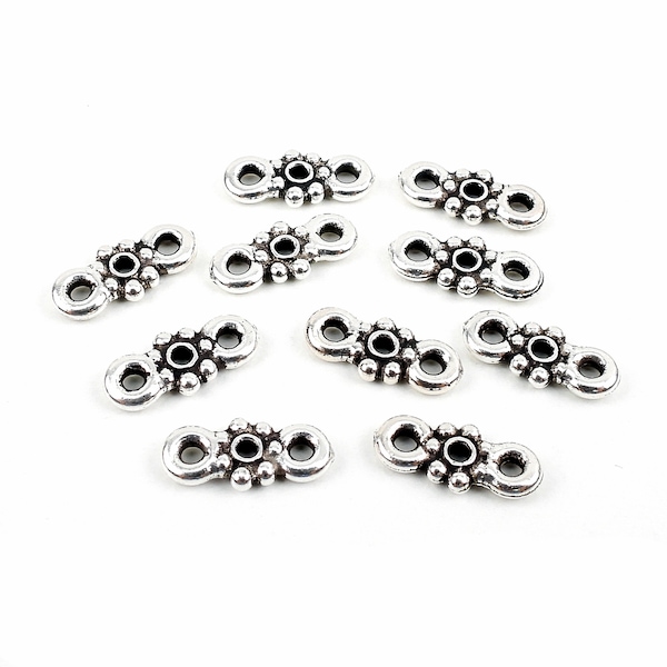 10 pcs three hole daisy spacer bar components, antiqued silver plated pewter, floral connectors with multiple holes, Irina Miech, 11mm