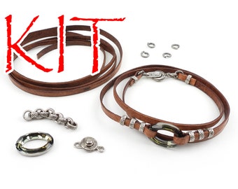 KIT Oval crystal ring and leather bracelet, brown and silver tone, designer Irina Miech