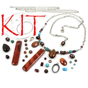 May include: A jewelry-making kit with various beads, pendants, and chain. The kit includes red and brown rectangular pendants, brown teardrop-shaped beads, and a silver chain necklace. The word "KIT" is written in red.