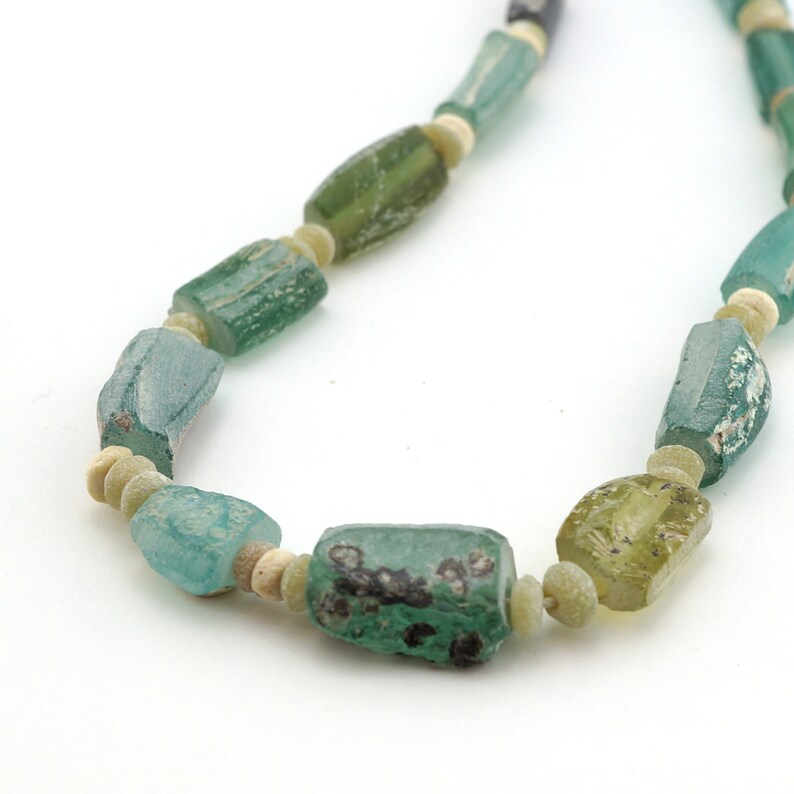 transparent blue green freeform rectangular avg length 15mm One strand antique Roman glass beads