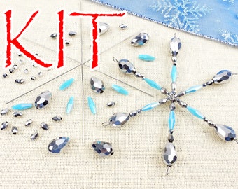 KIT Snowflake ornament, sparkling glass beads, blue and silver tones, Christmas tree decoration, Irina Miech