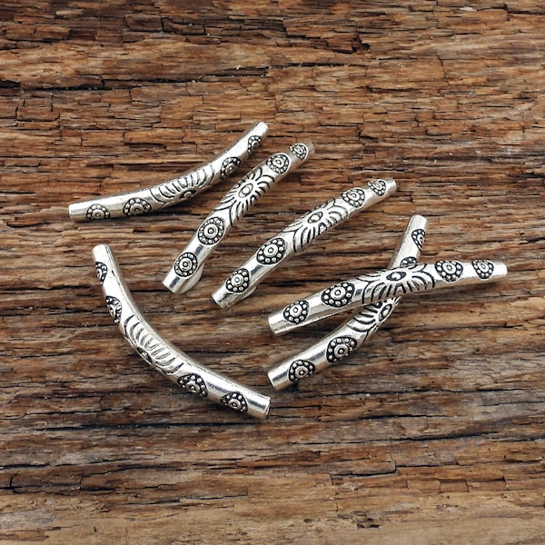 6 pcs Hill Tribe style noodle bead, 35mm long curved cylinder, floral motif Irina Miech