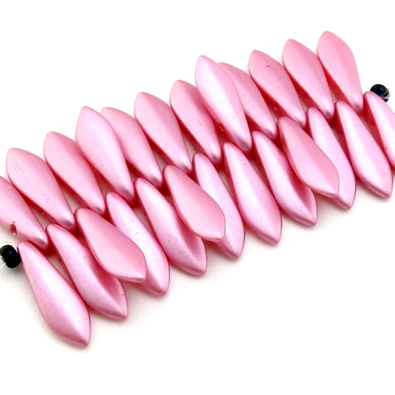 One strand two hole glass dagger beads 15mm x 5mm satin pink color Czech