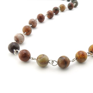 1 foot of red creek jasper beaded chain, 8mm stone links, silver finish base metal, Irina Miech