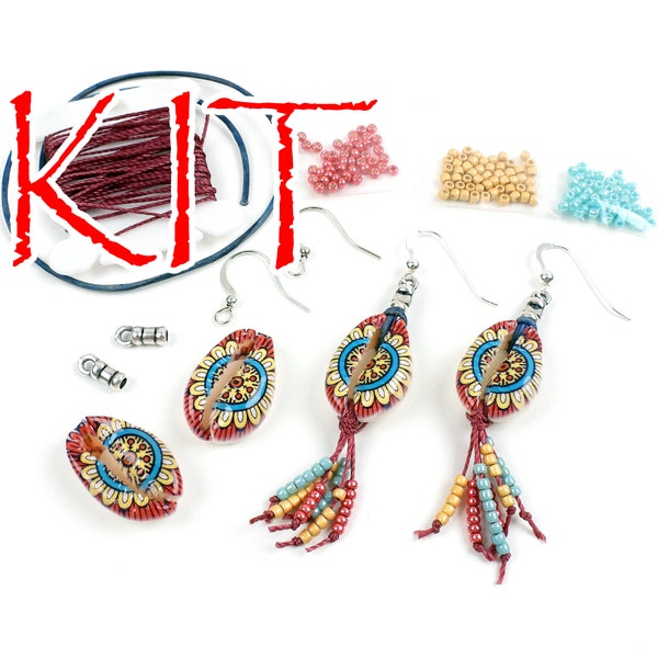 KIT Floral cowrie shell tassel earrings, silver tone, leather, red, yellow, and blue flower beads, designer Irina Miech