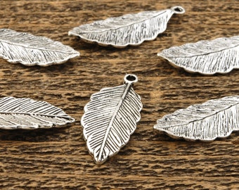 6 pcs leaf charms, silver plated base metal, detailed veins, Irina Miech, 31mm