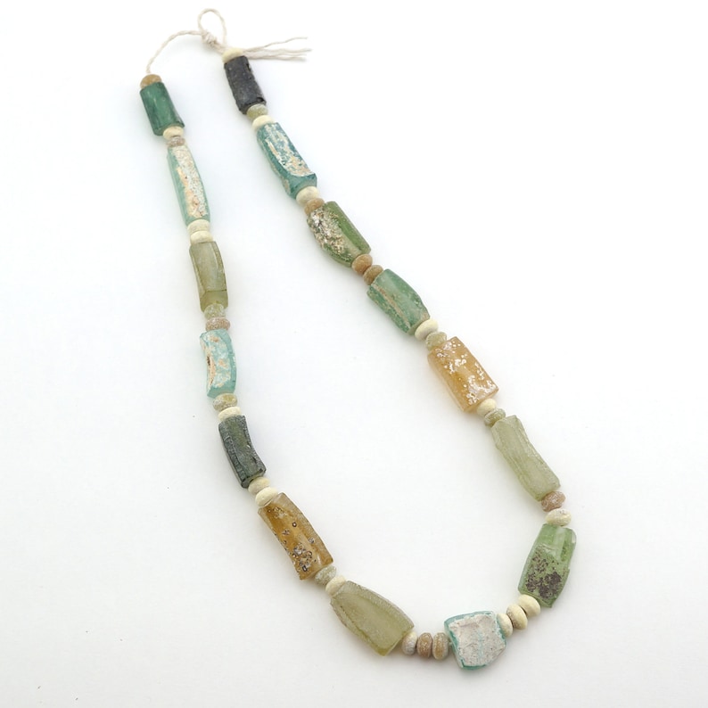 transparent blue green freeform rectangular avg length 15mm One strand antique Roman glass beads