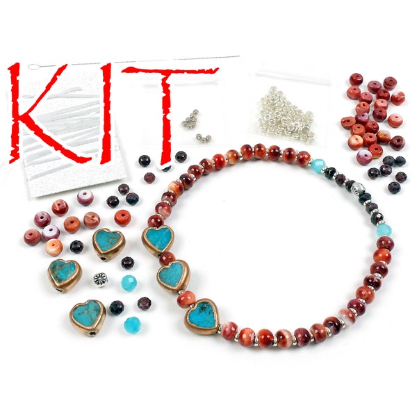 KIT Stretchy turquoise heart bracelet, silver tone, blue, red, orange colors, assorted stones, designer Irina Miech