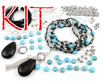 KIT knotted gemstone necklace or bracelet, four in one design, blue and black colors, silver tones, designer Irina Miech