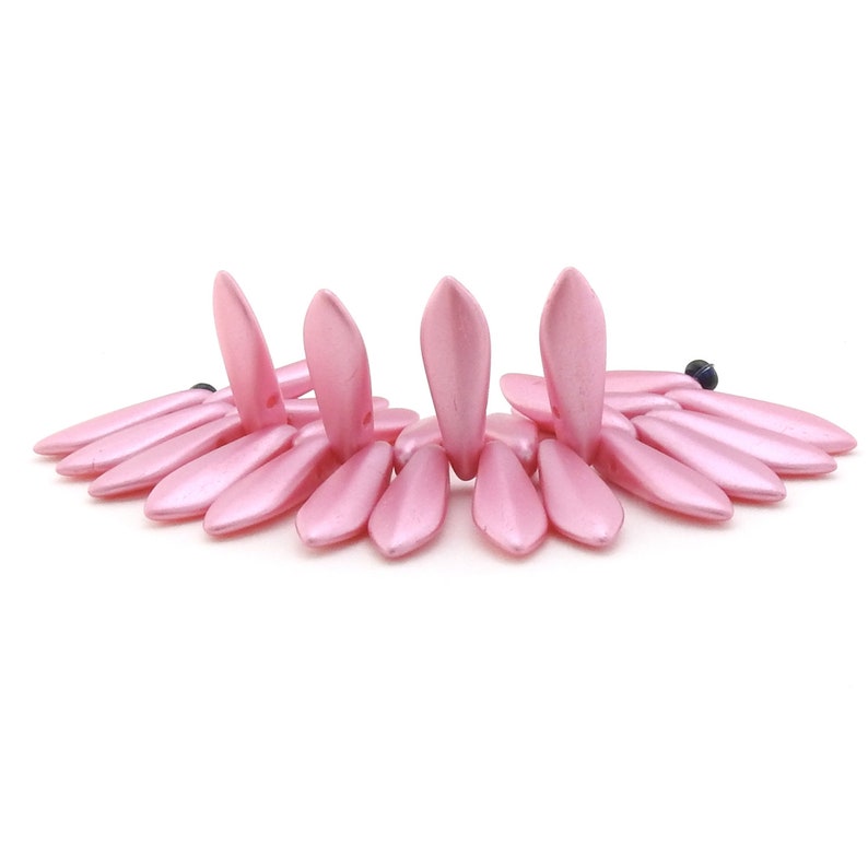 One strand two hole glass dagger beads 15mm x 5mm satin pink color Czech