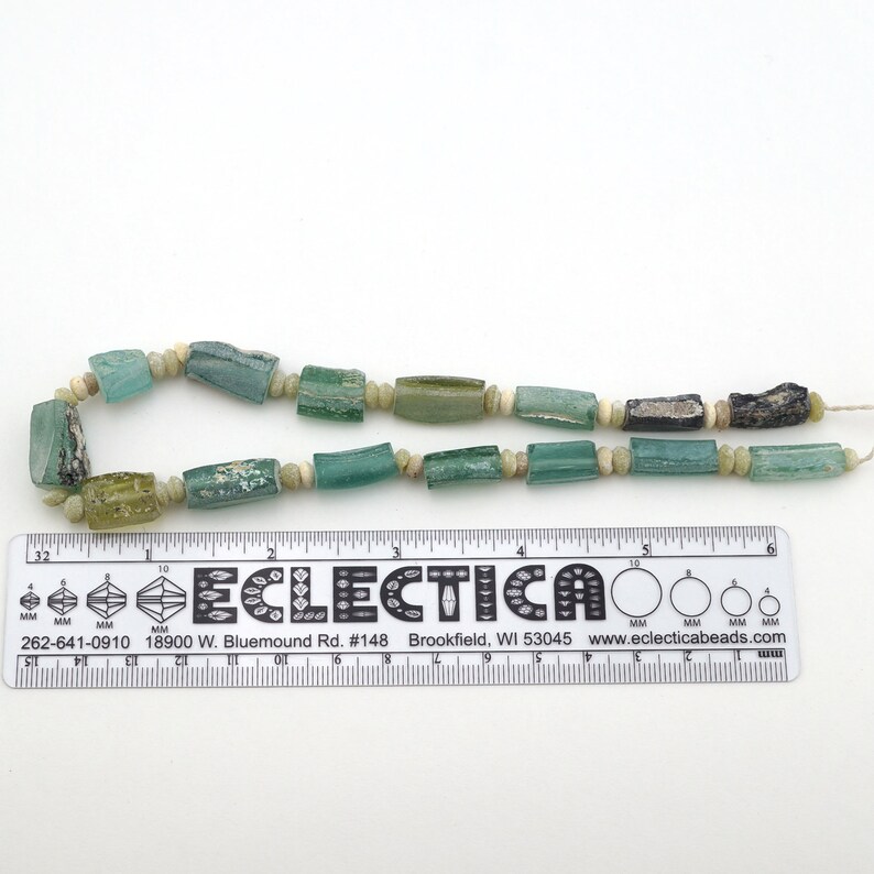 transparent blue green freeform rectangular avg length 15mm One strand antique Roman glass beads