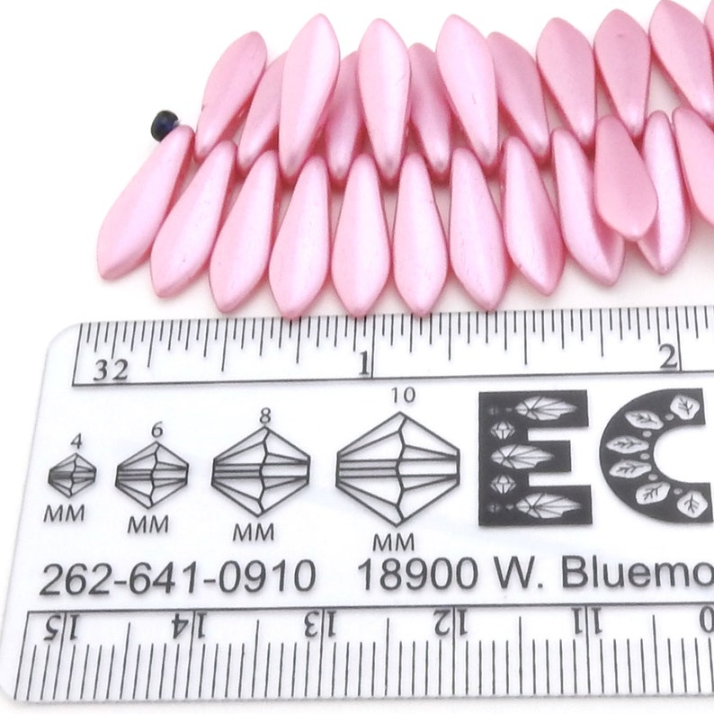 One strand two hole glass dagger beads 15mm x 5mm satin pink color Czech