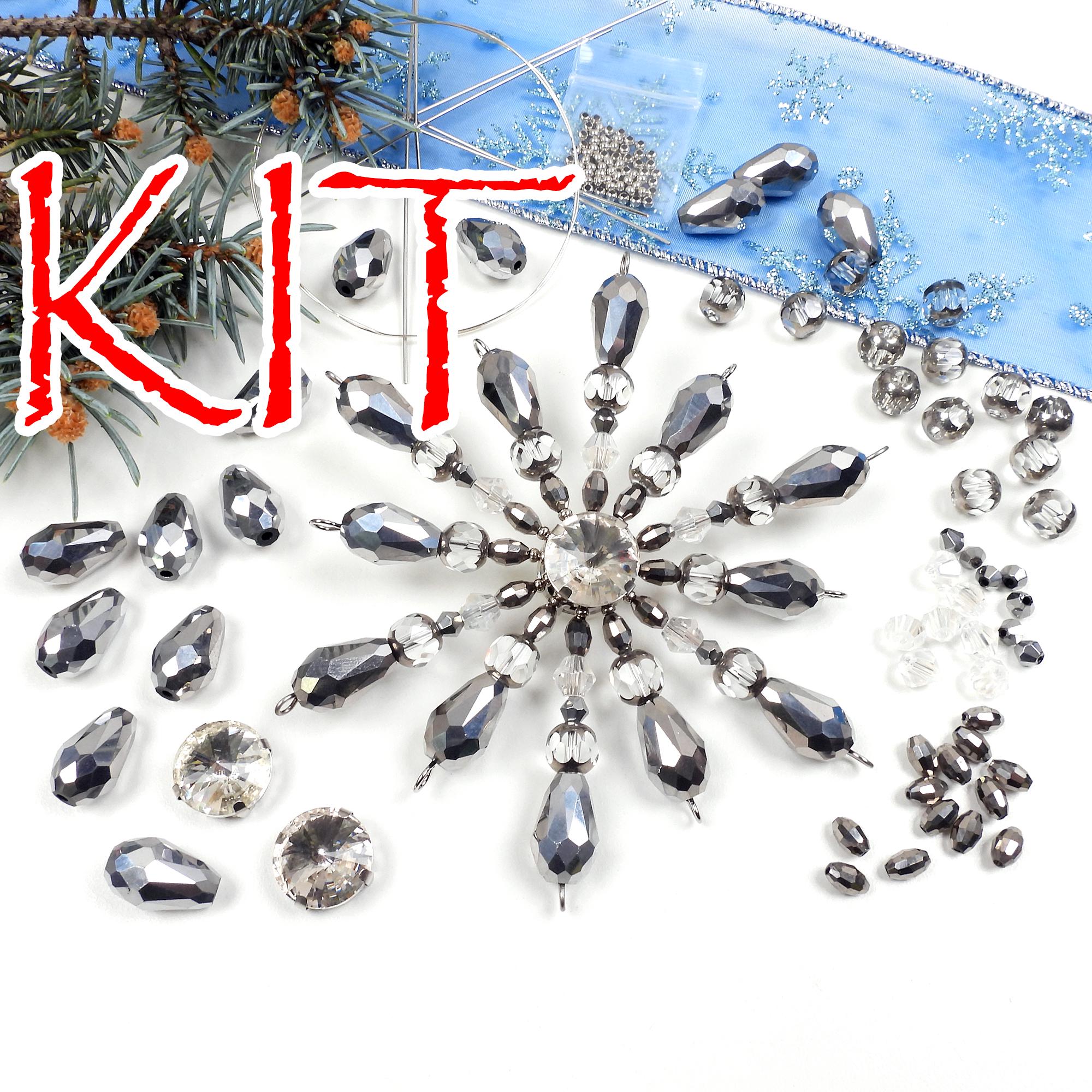 KIT Snowflake ornament, sparkling glass beads, Silver and crystal AB colors, shimmering snowflake, Christmas tree decoration, Irina Miech