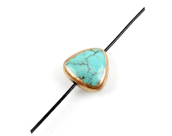 Turquoise bead edged in copper, puffed flat triangular blue green stone, Irina Miech, 10mm