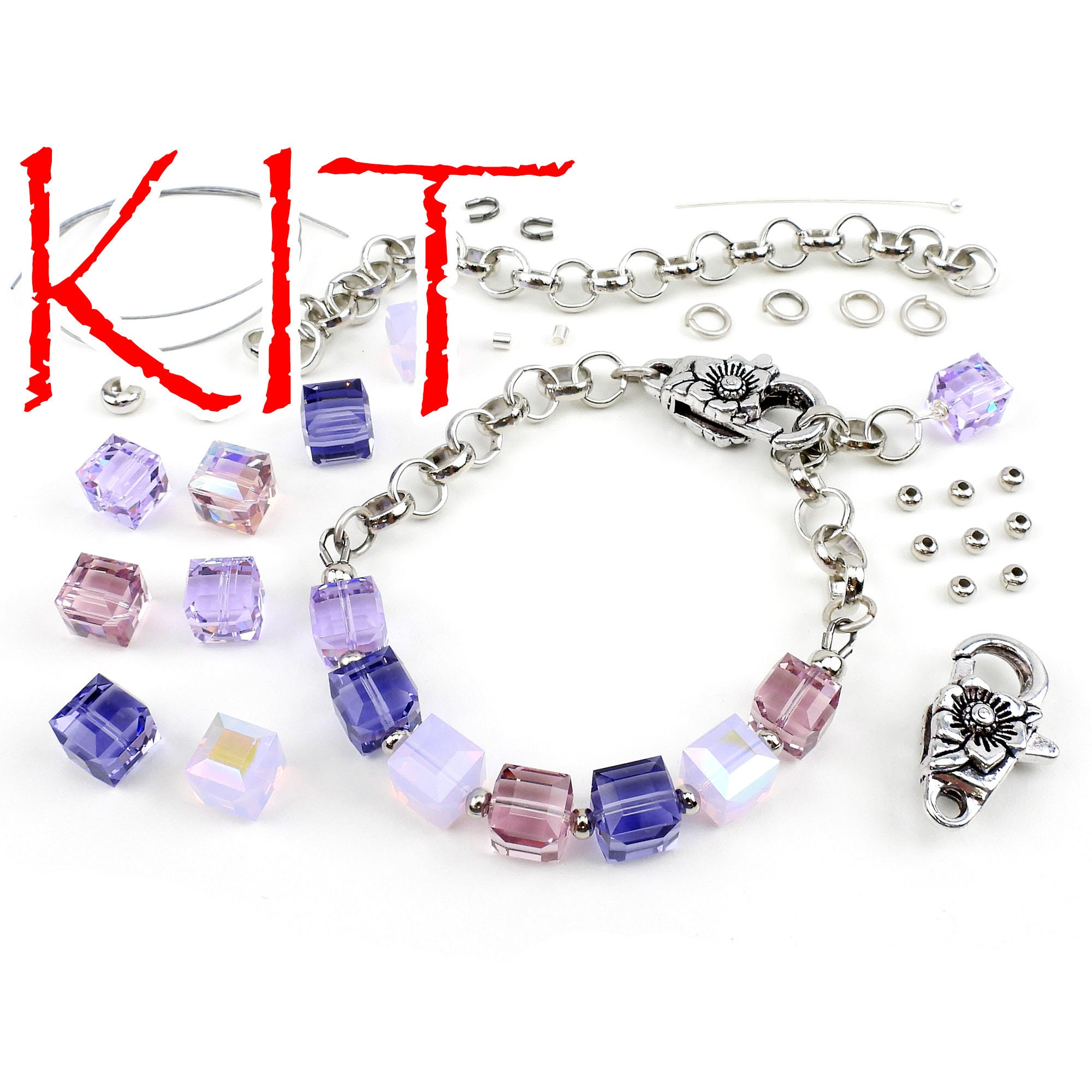 KIT Swarovski Crystal Cubes Bracelet, Purple, Lavender, Lilac and Silver  Tones, Adjustable Clasp, Designer Irina Miech 