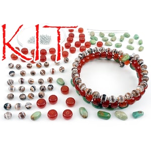 May include: A jewelry making kit with red carnelian beads, brown and white agate beads, and green turquoise beads. The kit includes enough beads to make a bracelet.