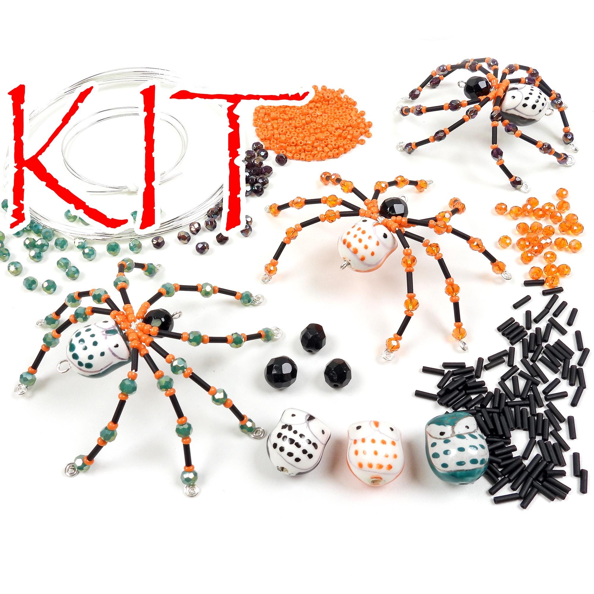 KIT wirework spiders, whimsical owl beads, mixed colors glass beads, silver tone, spooky cute decora