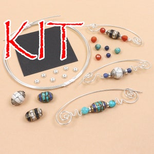 KIT whimsical spiral wire brooches, DIY silver tone wire and stone bead pins, creative wirework, designer Irina Miech