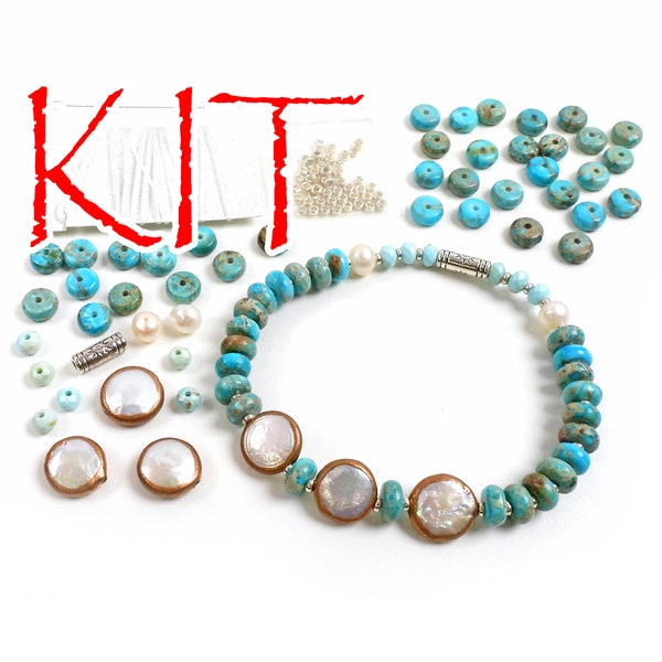 KIT Stretchy white pearl bracelet, copper, blue and silver tones, designer Irina Miech