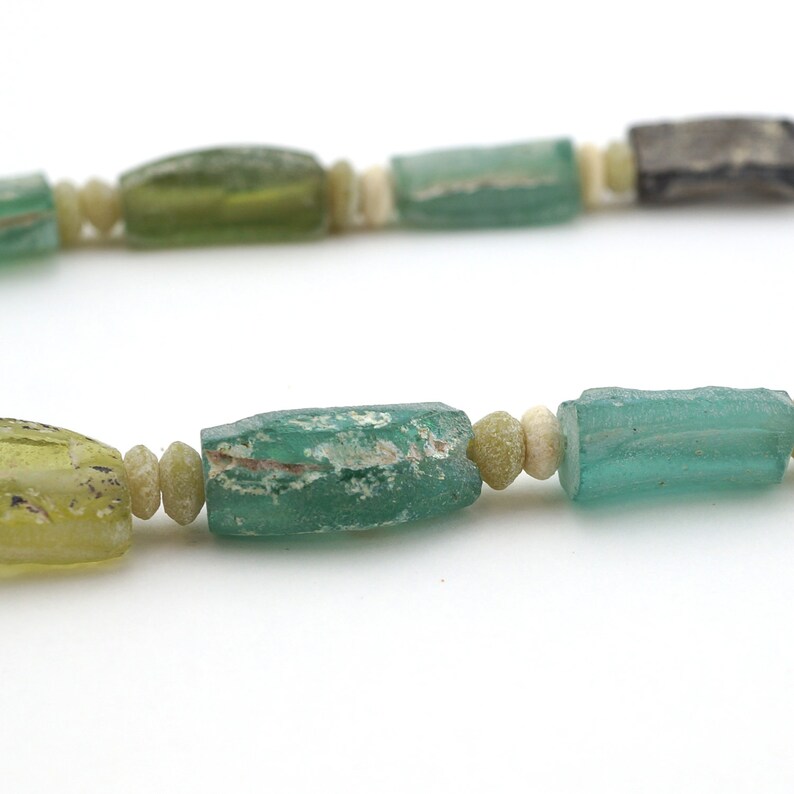 transparent blue green freeform rectangular avg length 15mm One strand antique Roman glass beads