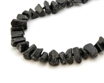 Small black tourmaline beads, 16 inch strand, semiprecious stone, side drilled raw nuggets, avg 10mm long