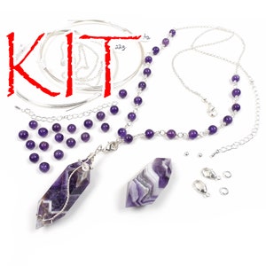 May include: A jewelry making kit with amethyst beads, two silver chains, two silver jump rings, two silver clasps, a silver wire wrapped amethyst pendant, and a large amethyst stone. The kit includes the text "KIT" in red.