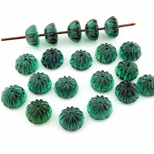 20 pcs vintage German flatback domed flower beads, transparent emerald green glass, 10mm