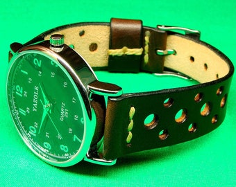 Handmade Dark Brown Leather Rally Watch Strap: 18mm-24mm, Watch Band, Vegetable Tanned ,099