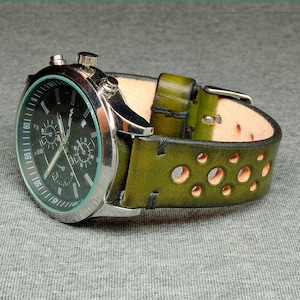 Handmade Watch Strap Rally, Watch Strap from Green Itallian Leather, 20mm, 22mm, 18mm, 24mm, Watch Strap Leather, Leather Watch Strap,124