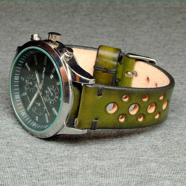 Bracelet de montre rallye fait main, Bracelet de montre en cuir italien vert, 20 mm, 22 mm, 18 mm, 24 mm, Bracelet de montre en cuir, Bracelet de montre en cuir,124