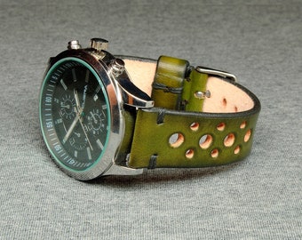 Handmade Watch Strap Rally, Watch Strap from Green Itallian Leather, 20mm, 22mm, 18mm, 24mm, Watch Strap Leather, Leather Watch Strap,124