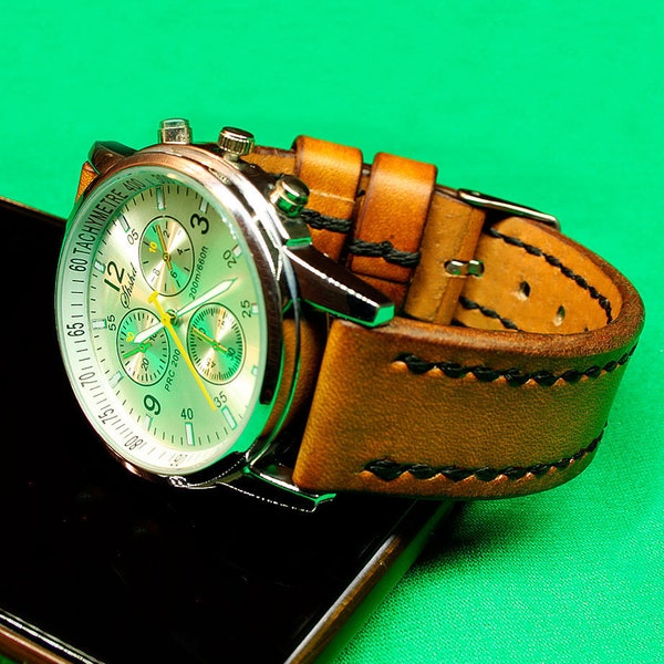 Handgemaakte lederen horlogeband met Whiskey plantaardig gelooid Chromexcel leer, horlogeband, 18mm, 20mm, 22mm, 24mm, horlogeband, 091