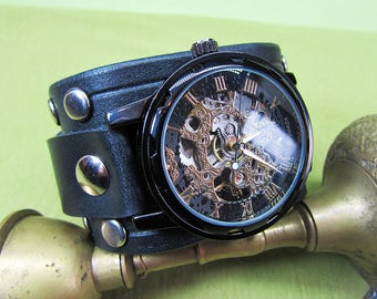 Handmade Black Buffalo Leather Cuff Watch Strap: 18mm-24mm, Watch Band, Itallian Vegetable Tanned,028