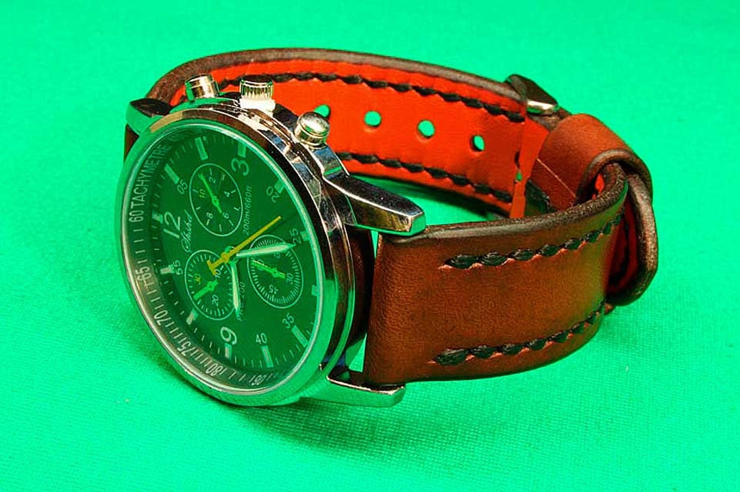 Handmade Leather Watch Strap With Brown Cognac Vegetable Tanned