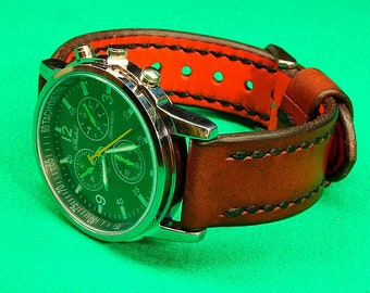 Handmade Cognac Chromexcel Leather Watch Strap: Unisex 18-24mm, Watch Band, Italian Vegetable Tanned, 03