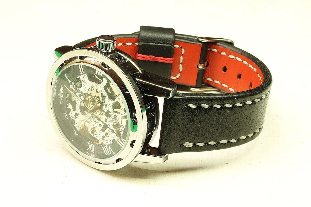 Handmade Watch Strap Black Chromexcel Leather: 18mm-24mm, Watch