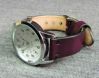 Handmade watch strap Itallian Chromexcel Burgundy Leather: 18mm-24mm, Watch Band, Vegetable Tanned, 06