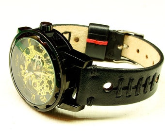 Handmade Horween Black Leather Rally Watch Strap: 18mm-24mm, Watch Band, Vegetable Tanned,092